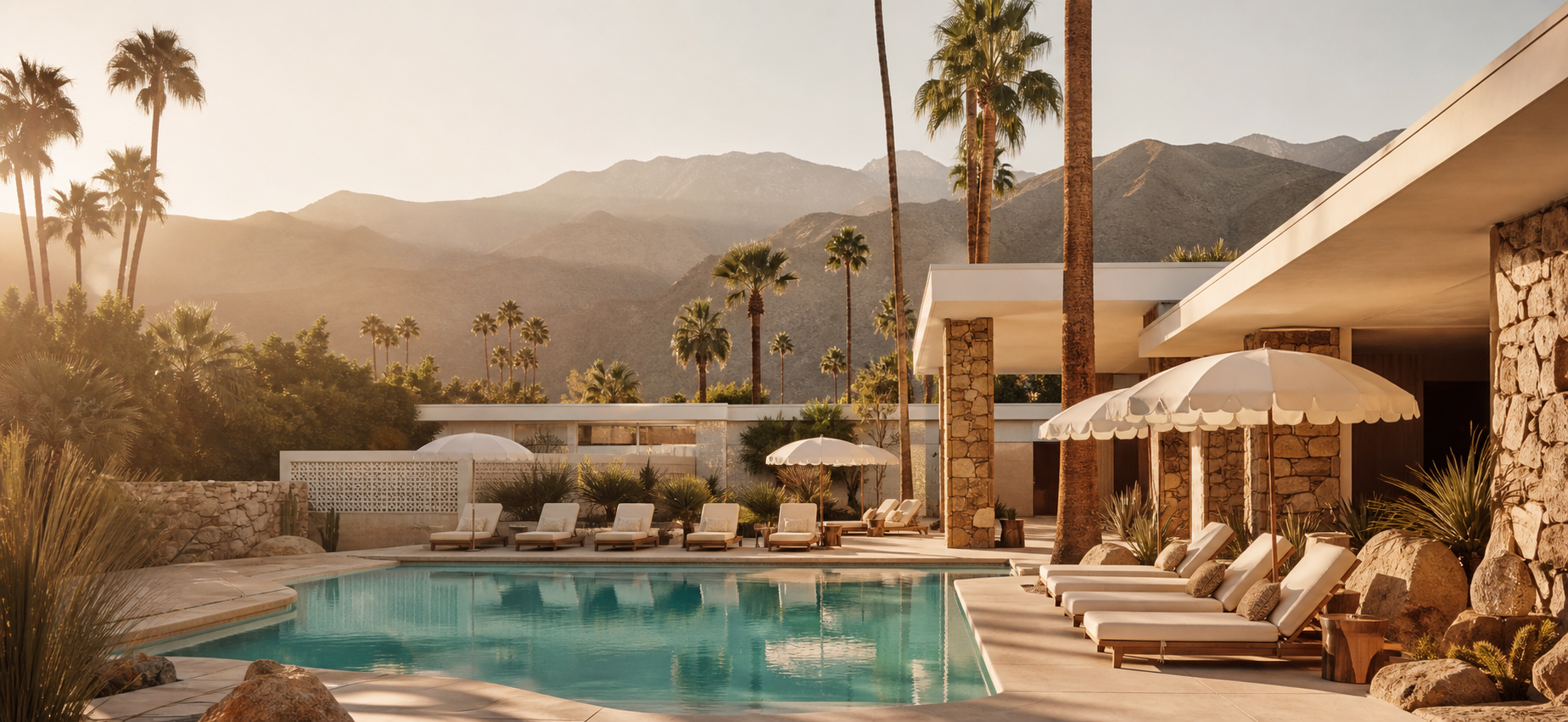 A Palm Springs mid-century resort pool at golden hour